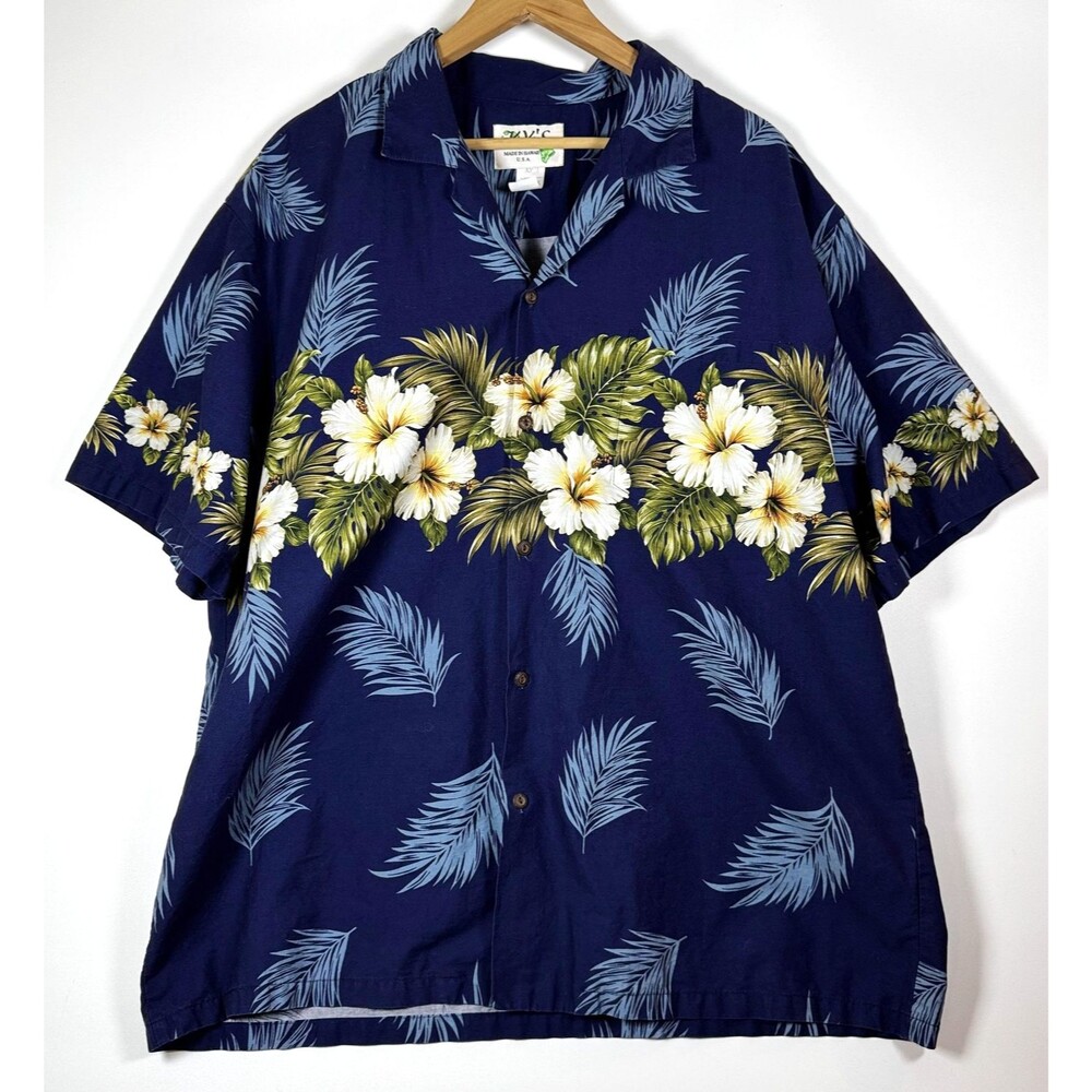 KYs Hawaiian Shirt Mens 2XL Blue Floral Border‎ Print Made in Hawaii Aloha